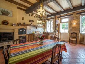 Dining room Tile Fireplace Chandelier