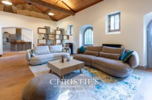 Un salon moderne avec du mobilier gris, un tapis coloré et des poutres apparentes au plafond.