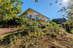 Maison moderne entourée de végétation, située sur une colline ensoleillée.