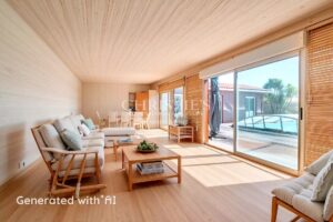 Un salon moderne et lumineux avec des murs en bois, des meubles clairs, et une grande baie vitrée donnant sur une terrasse avec piscine.