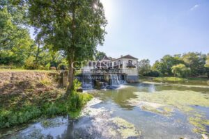 La maison du moulin, située au bord de la rivière Dropt, surplombe son lac et s’étend au cœur d’un domaine boisé de 13 hectares