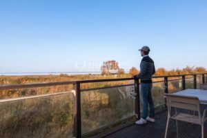Une personne regarde le paysage automnal depuis une terrasse.